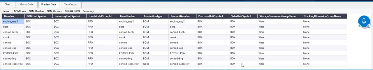 Preview Data tab with release items for Dynamics 365: ProductionType None for conrod-capscrew, BOM for the rest