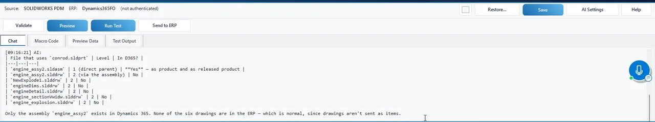 AI assistant answering a where-used question for conrod.sldprt with the Dynamics 365 status of each file