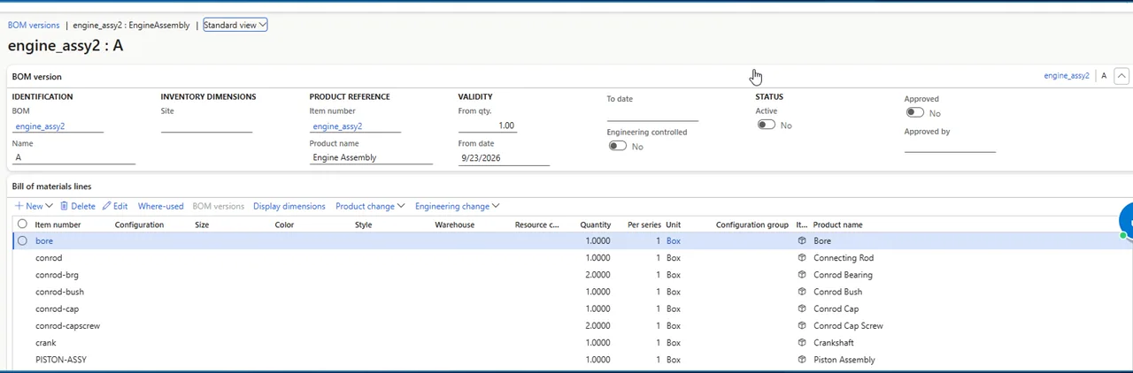 Dynamics 365 BOM version engine_assy2 A with eight bill of materials lines created from SOLIDWORKS PDM