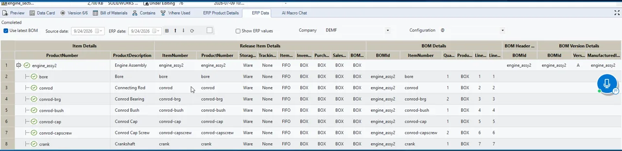 ERP Data tab with the PDM bill of materials and Dynamics 365 side by side, a green check on every matching line