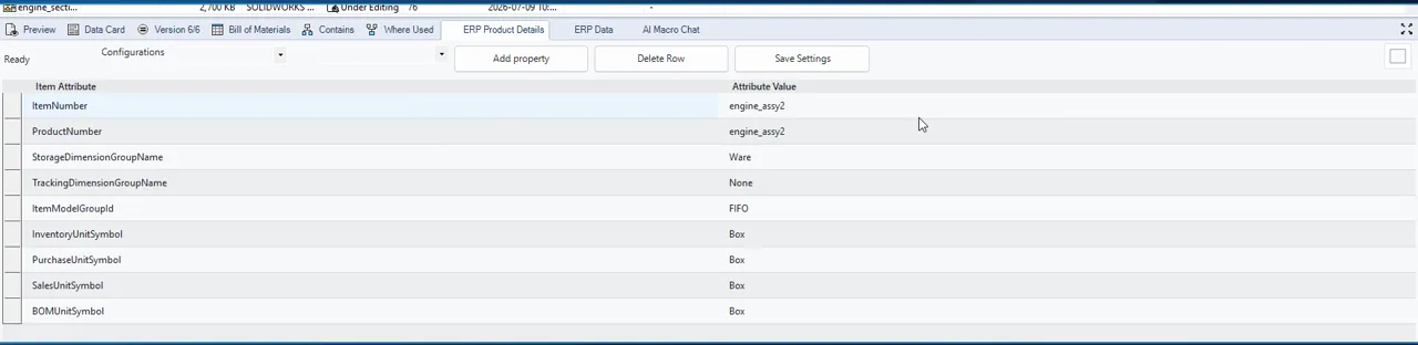 ERP Product Details tab in SOLIDWORKS PDM showing released product engine_assy2 read live from Dynamics 365, with dimension groups, item model group FIFO and unit symbols