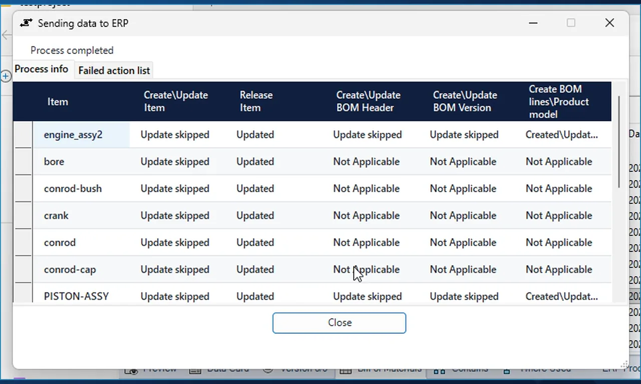 Sending data to ERP dialog in SOLIDWORKS PDM after a send to Dynamics 365 F&O, with create, release item, BOM header, BOM version and BOM line steps per item
