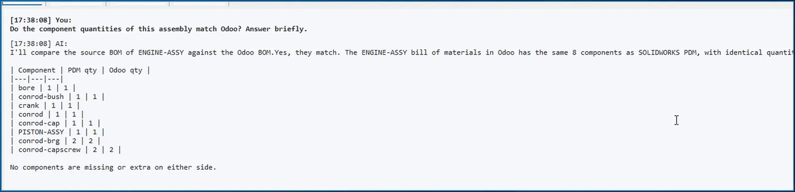 AI chat in SOLIDWORKS PDM: the ENGINE-ASSY bill of materials in Odoo has the same eight components as PDM, with identical quantities