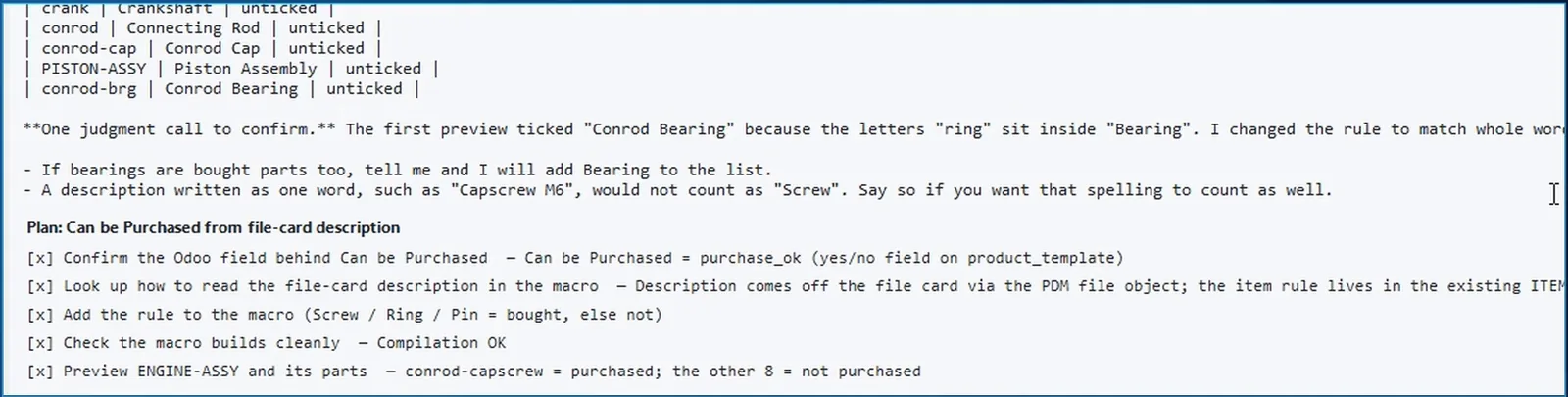AI Macro Chat in SOLIDWORKS PDM: the Can be Purchased rule, the preview ticks only the cap screw