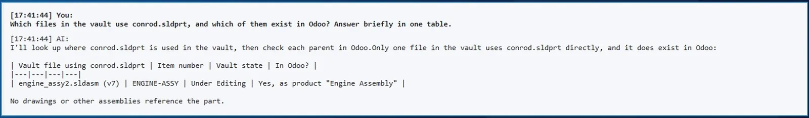 AI chat in SOLIDWORKS PDM: conrod.sldprt is used by engine_assy2.sldasm, which exists in Odoo as product Engine Assembly