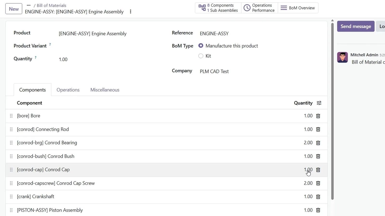 Odoo bill of materials for ENGINE-ASSY with the file names as internal references and each component with its quantity