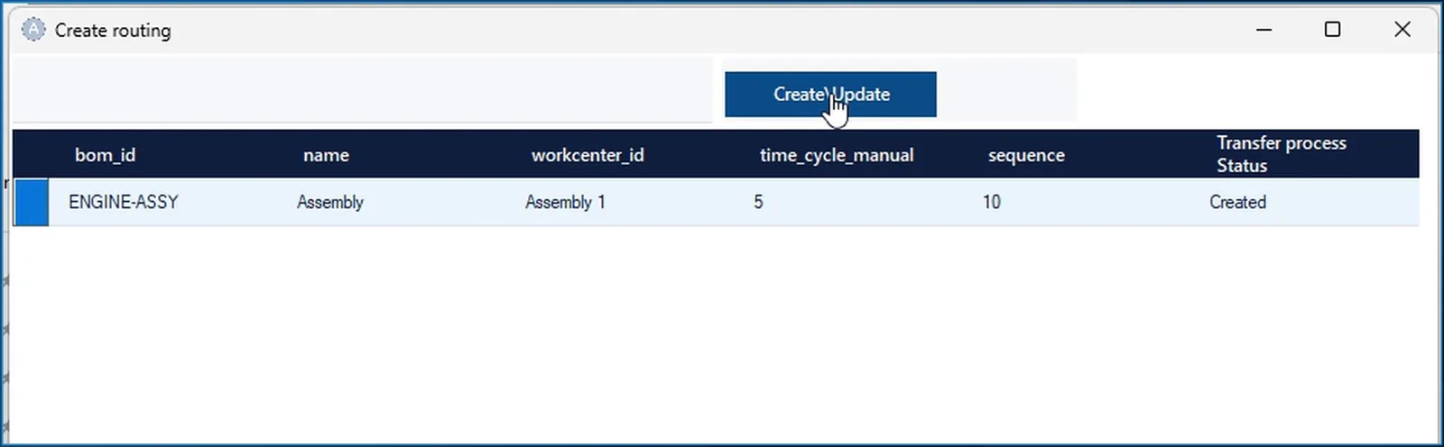 Create routing dialog from SOLIDWORKS PDM: operation Assembly for ENGINE-ASSY on work center Assembly 1, time 5, status Created