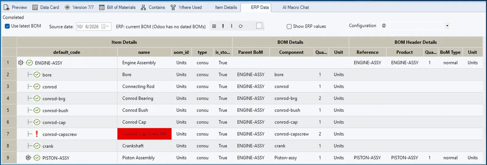 ERP Data tab in SOLIDWORKS PDM comparing the vault and Odoo, the changed description of the cap screw marked red