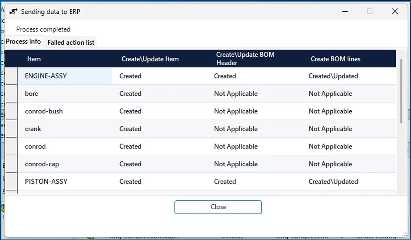 ERP Integrator send dialog: ENGINE-ASSY and its components Created in Odoo, BOM headers Created, BOM lines Created\Updated
