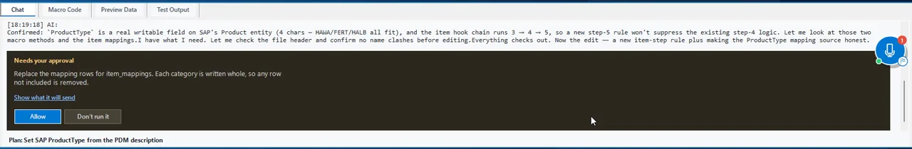 AI Macro Chat asking for approval before changing the SAP ProductType item mappings
