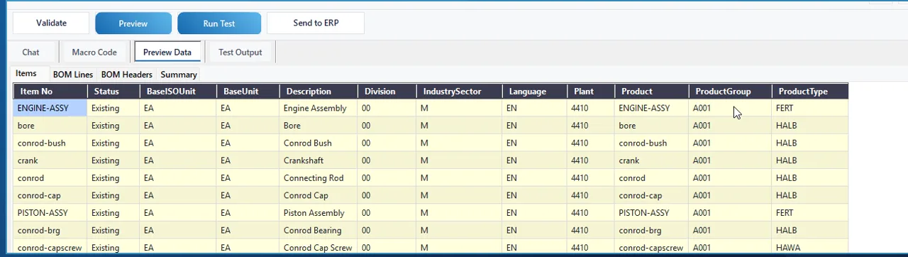 Preview Data tab with SAP product types: assemblies FERT, cap screw HAWA, other parts HALB
