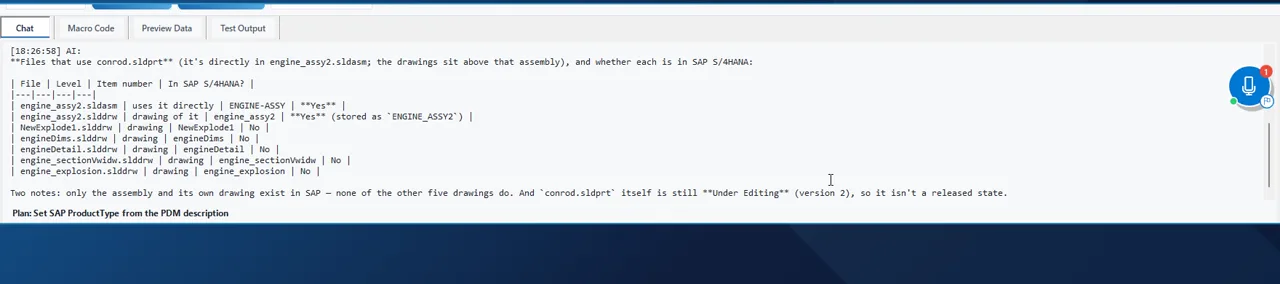 AI assistant table of files that use conrod.sldprt and whether each exists in SAP S/4HANA