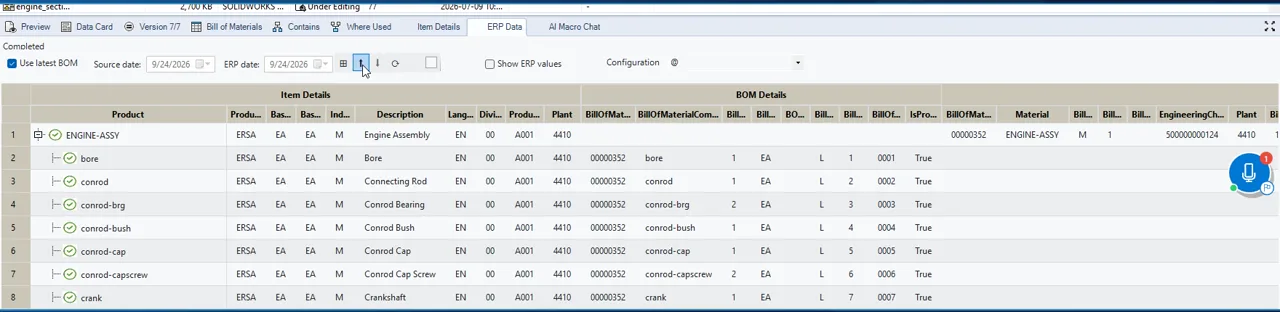 ERP Data tab comparing the vault bill of materials with the SAP material BOM, every line checked green