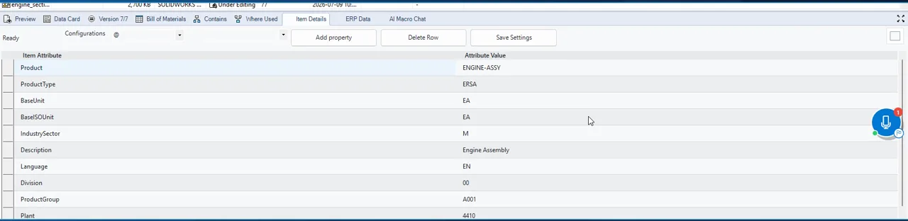 Item Details tab in SOLIDWORKS PDM showing SAP S/4HANA product ENGINE-ASSY read live, with product type, base unit, industry sector, product group and plant