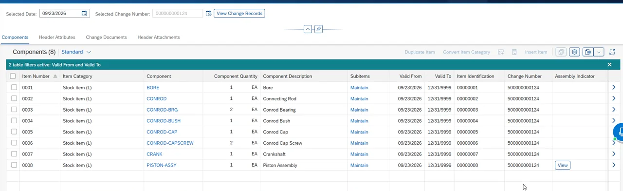 SAP S/4HANA material BOM for ENGINE-ASSY with eight components under one change number, sent from SOLIDWORKS PDM