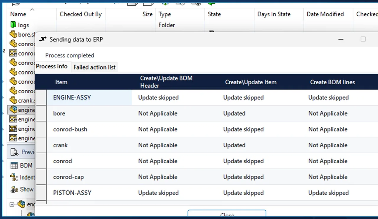 Sending data to ERP dialog after Send to SAP S/4HANA all levels from SOLIDWORKS PDM, showing updated and skipped products