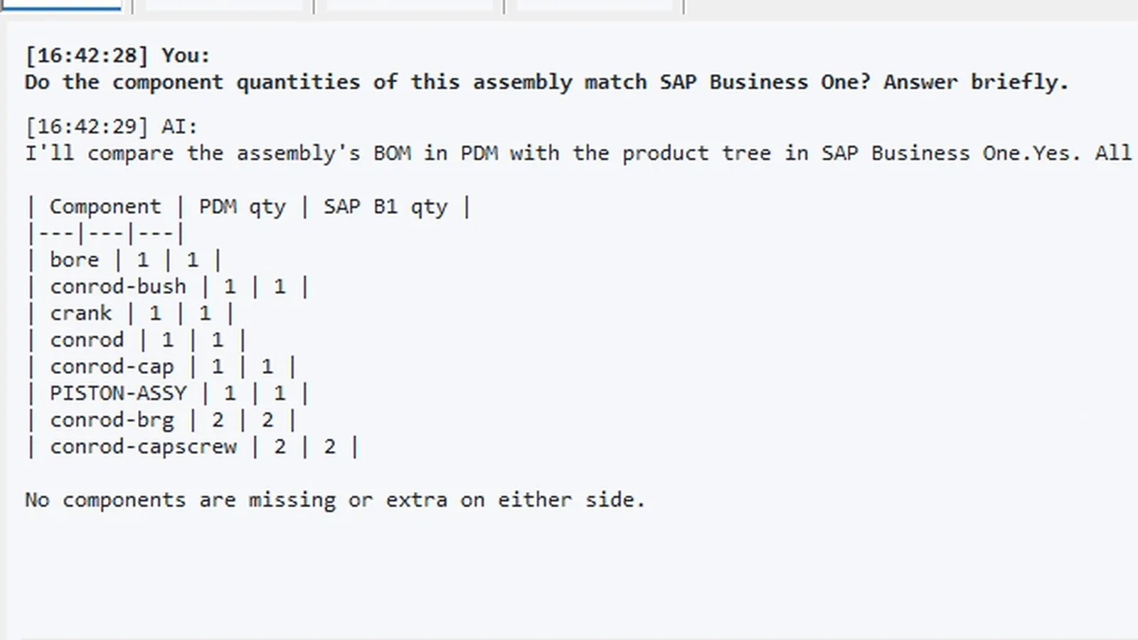 AI chat in SOLIDWORKS PDM comparing the assembly in PDM with the bill of materials in SAP Business One: all eight components match