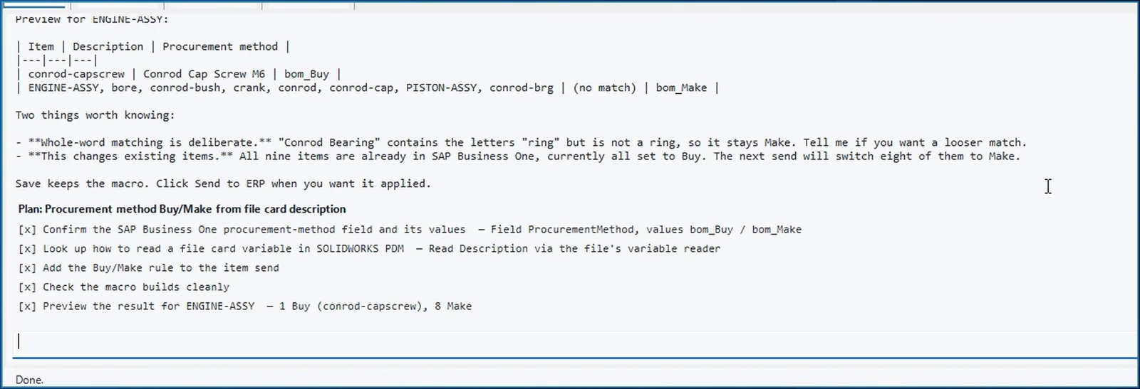 AI Macro Chat in SOLIDWORKS PDM: preview of the Buy/Make rule, the cap screw bom_Buy, the other items bom_Make