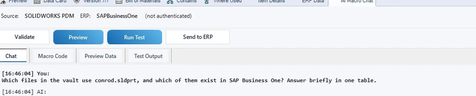AI chat in SOLIDWORKS PDM: where conrod.sldprt is used in the vault, and that engine_assy2.sldasm exists in SAP Business One as ENGINE-ASSY