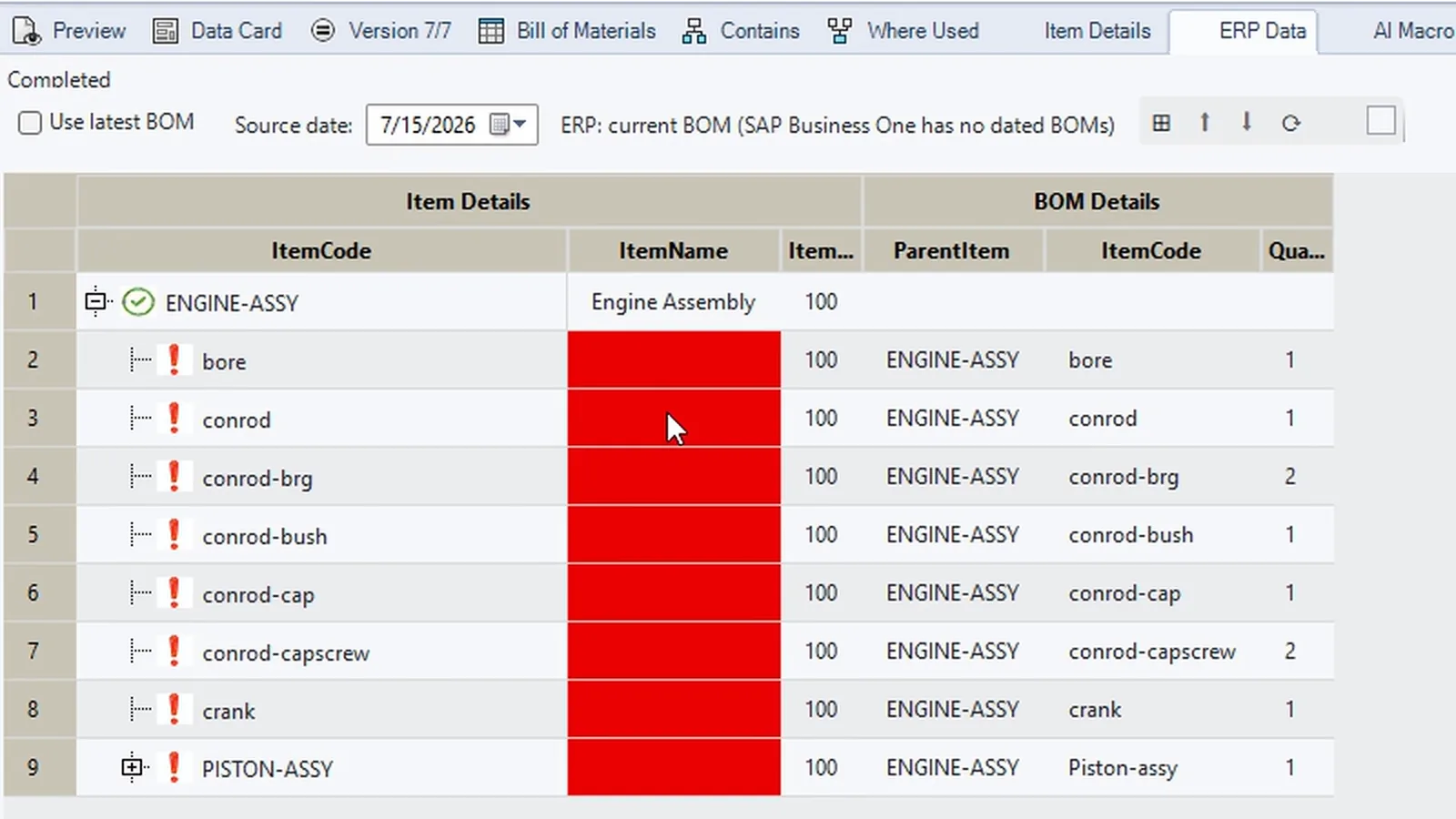 ERP Data tab with Use latest BOM off and source date 15 July 2026: every item name red because the data cards had no descriptions then