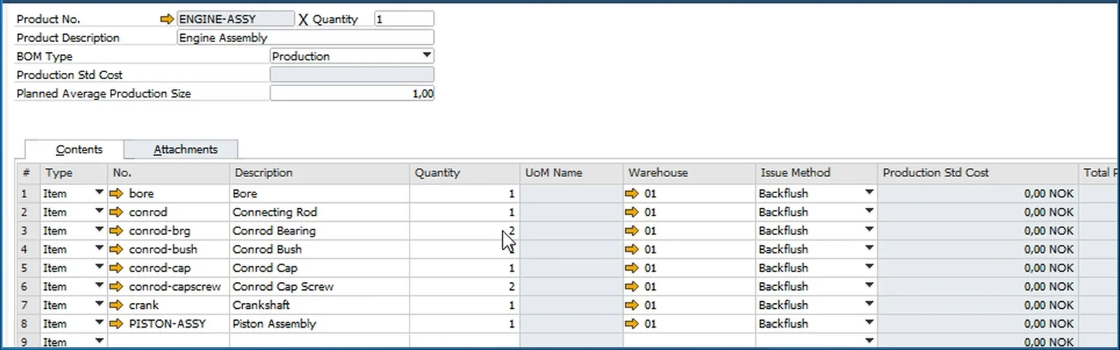 SAP Business One bill of materials for ENGINE-ASSY with eight lines, the file names as item numbers and their quantities