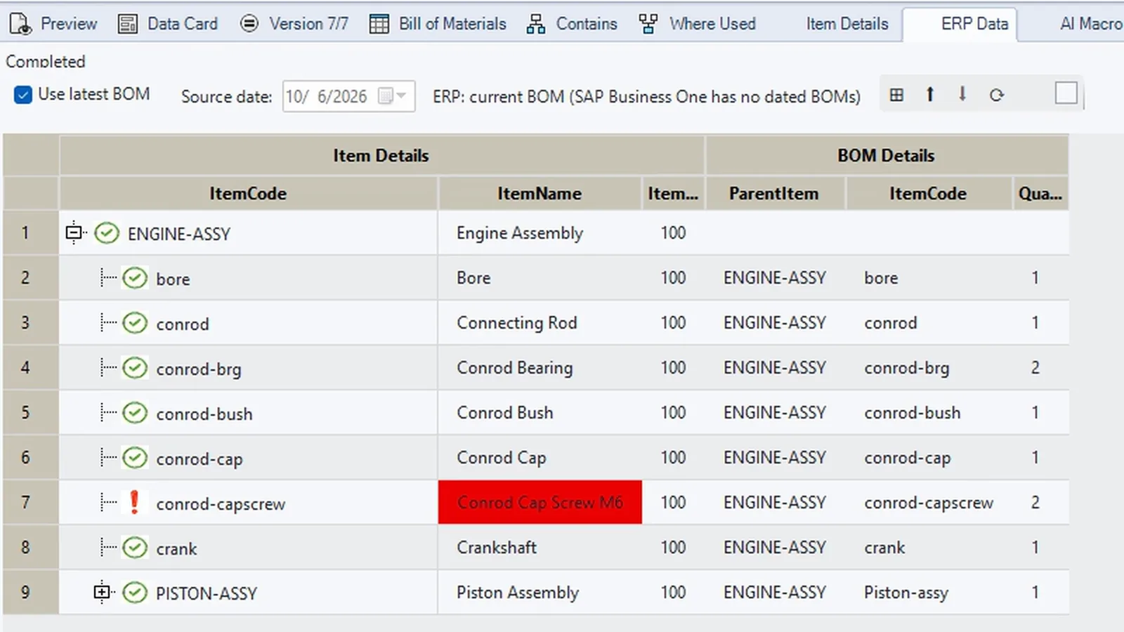 ERP Data tab in SOLIDWORKS PDM comparing the vault and SAP Business One, the changed description of the cap screw marked red