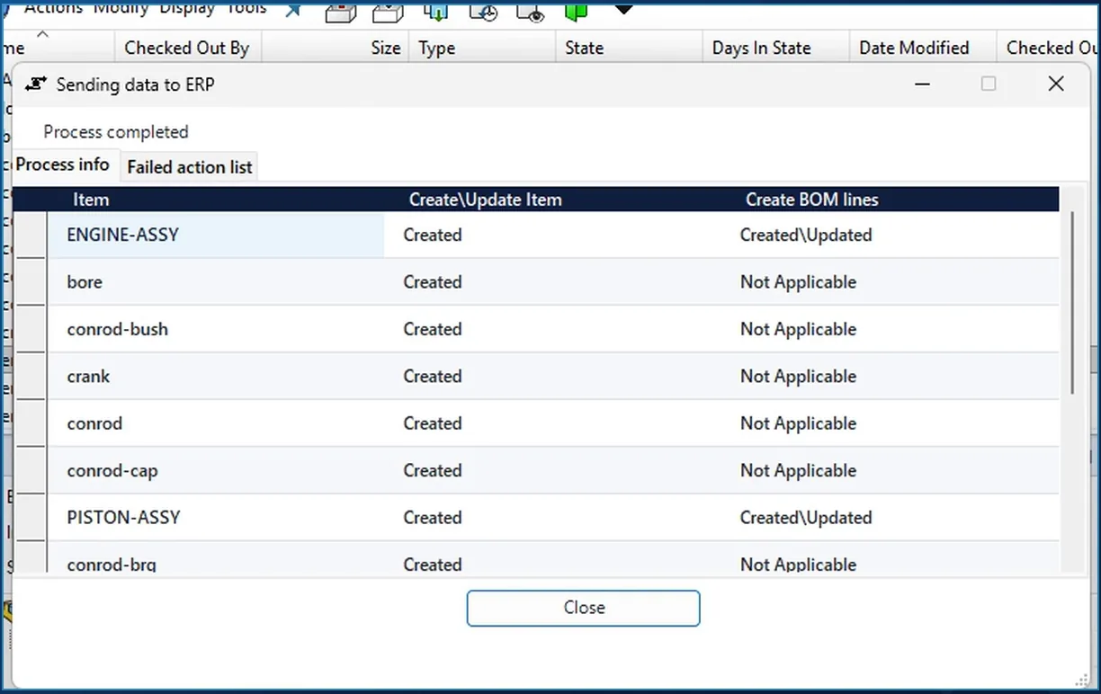 ERP Integrator send dialog over the SOLIDWORKS PDM vault: ENGINE-ASSY and its components Created in SAP Business One, BOM lines Created\Updated