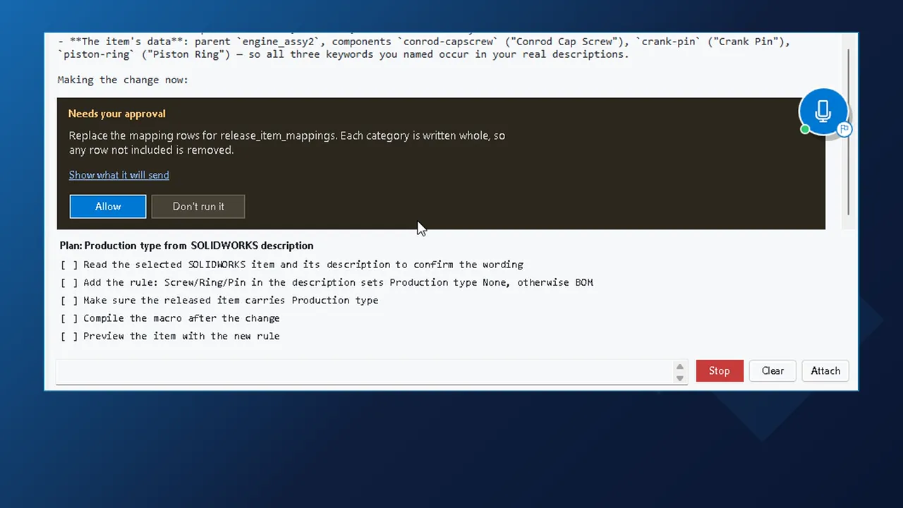 AI chat in SOLIDWORKS asking for approval before it replaces the release item mapping rows, with the plan below