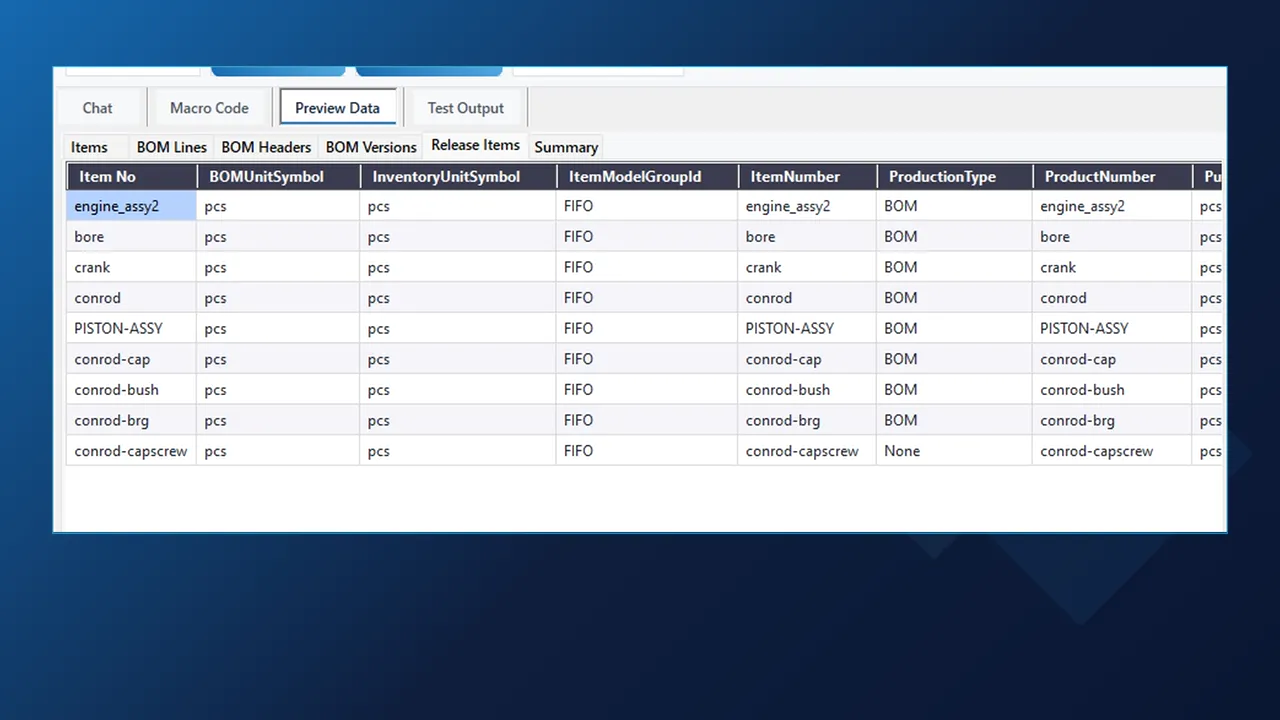 Preview Data, Release Items tab: ProductionType None for the conrod cap screw and BOM for the other items