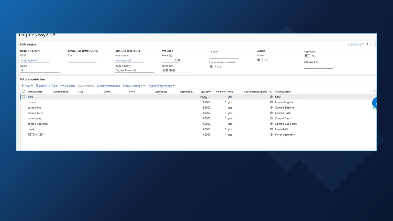Dynamics 365 BOM version engine_assy2 A with the component lines, quantities and units sent from SOLIDWORKS