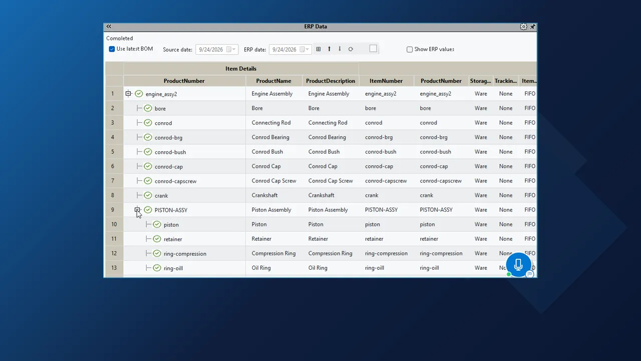 ERP Data pane in SOLIDWORKS comparing the engine assembly and piston assembly with Dynamics 365, every line checked green