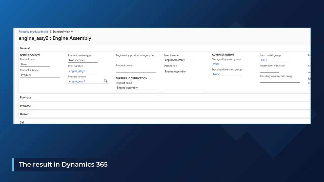 Released product details for engine_assy2 in Dynamics 365 Finance and Operations, created from SOLIDWORKS