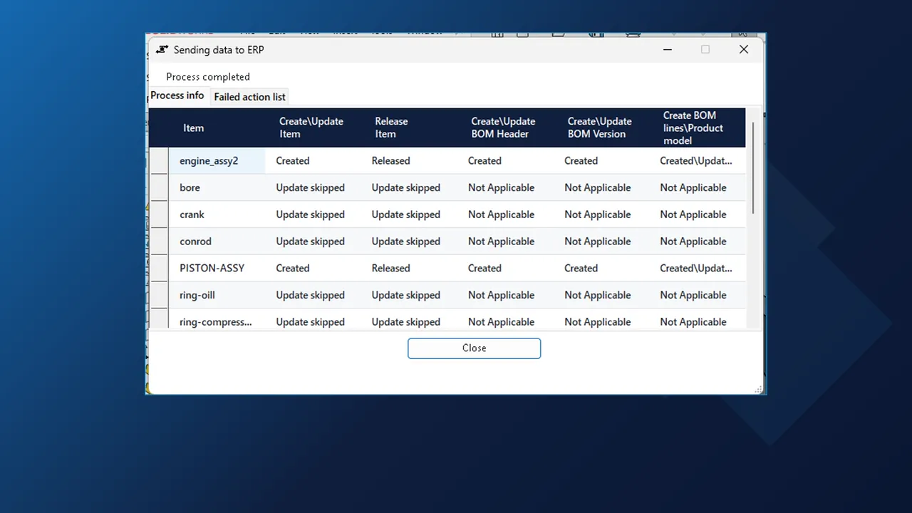 Sending data to ERP dialog in SOLIDWORKS: engine_assy2 and PISTON-ASSY created and released, BOM header and version created, unchanged parts skipped