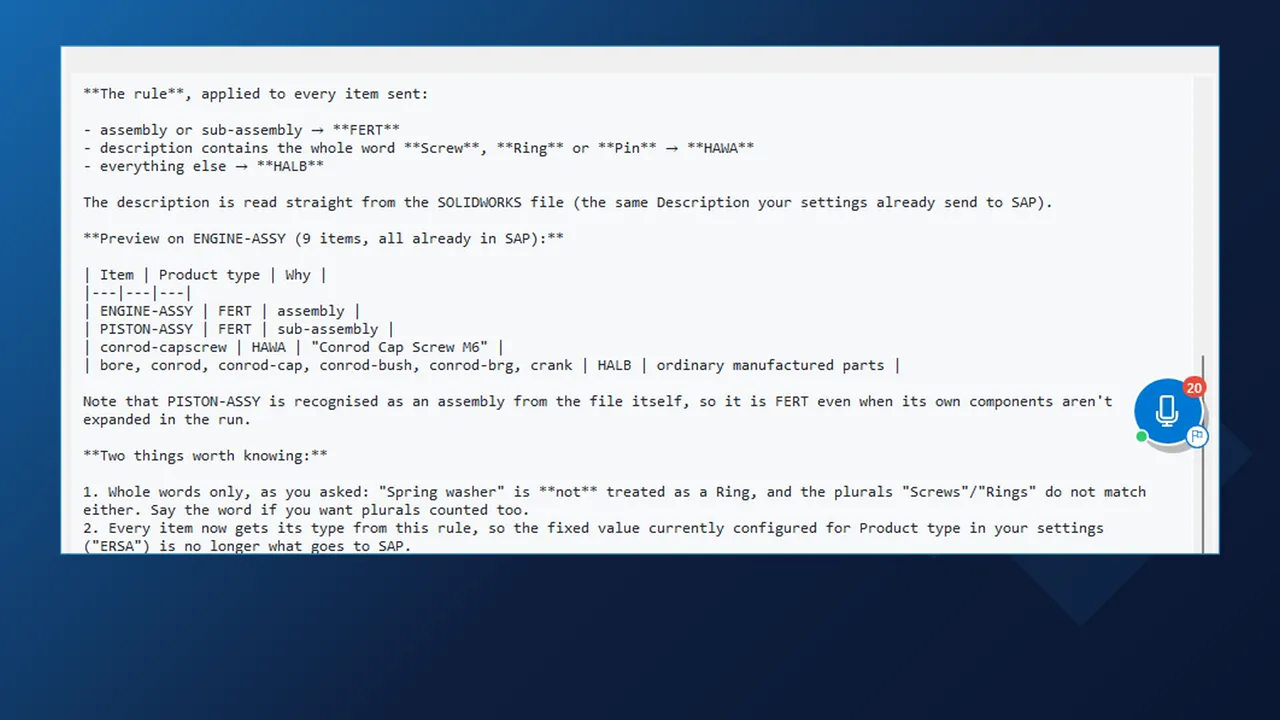 AI chat answer in SOLIDWORKS describing the product type rule and its preview on ENGINE-ASSY