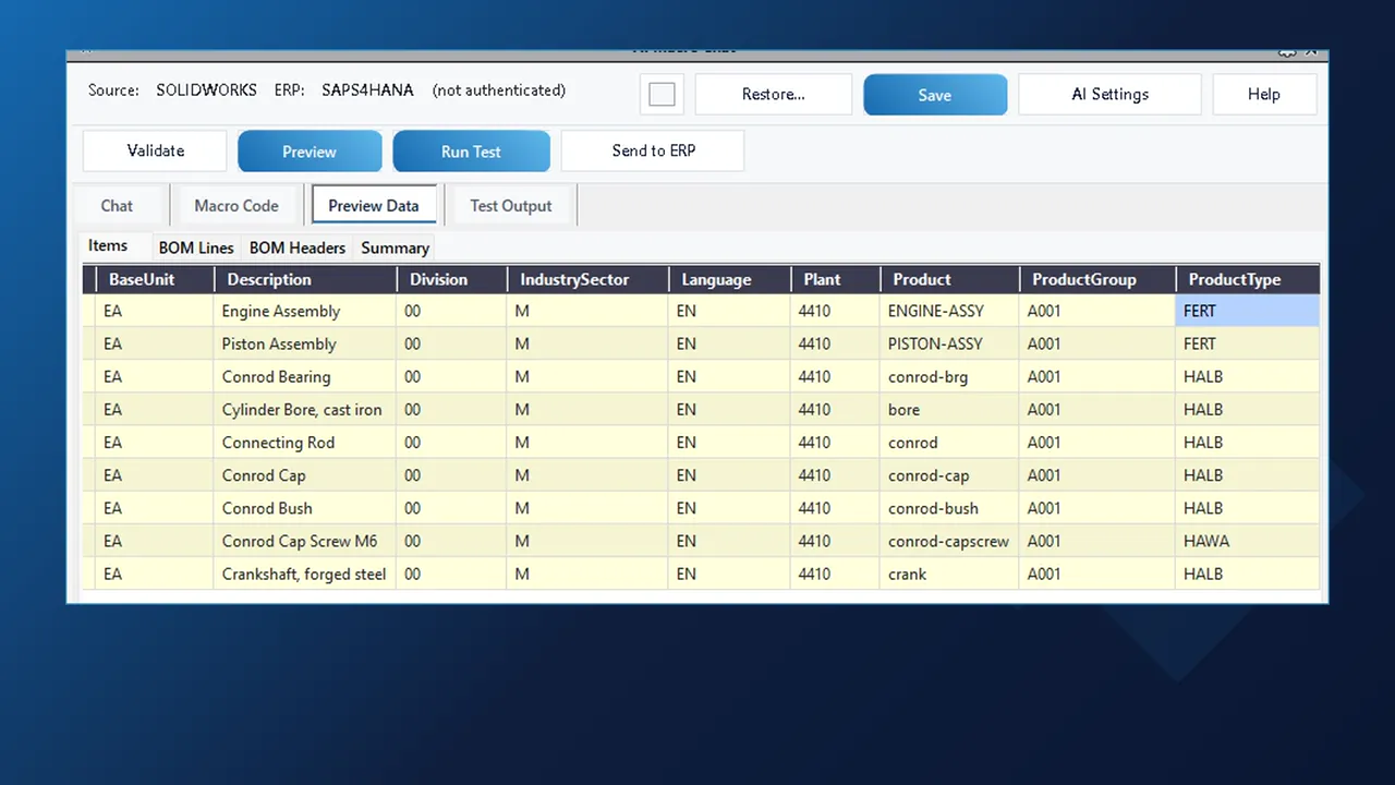 Preview Data grid with ProductType FERT for the assemblies, HAWA for the cap screw and HALB for the other parts