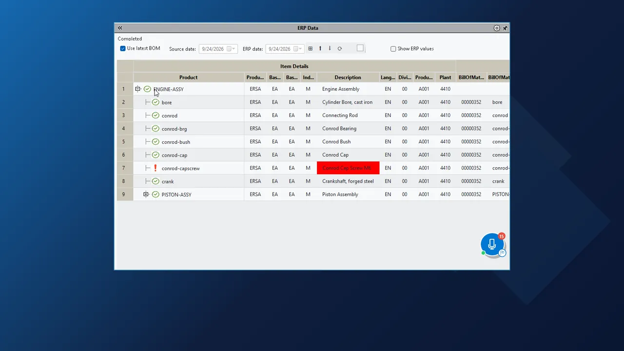 ERP Data pane in SOLIDWORKS with a red description cell for the conrod cap screw and green checks on the other lines