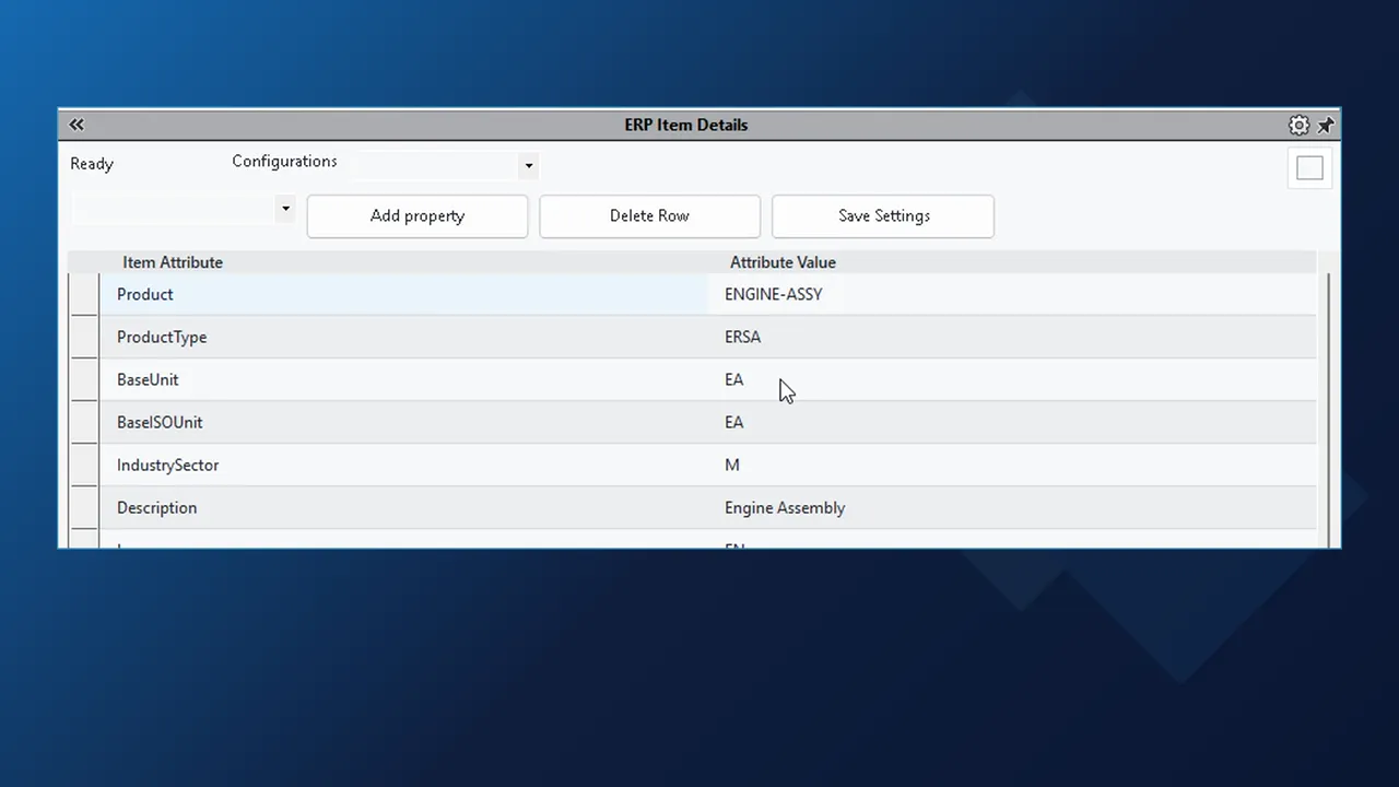 ERP Item Details pane in SOLIDWORKS showing product ENGINE-ASSY from SAP with product type, base unit and description