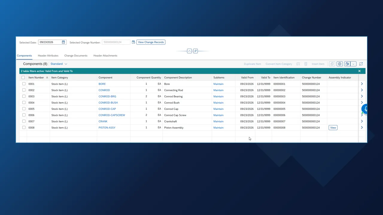 SAP S/4HANA material BOM with eight components, item category, quantity, unit, valid-from date and change number, created from SOLIDWORKS