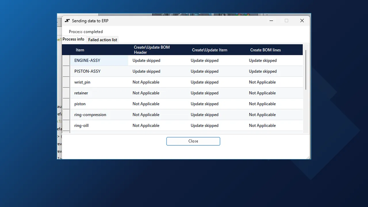 Sending data to ERP dialog for SAP S/4HANA listing ENGINE-ASSY, PISTON-ASSY and the parts with their status