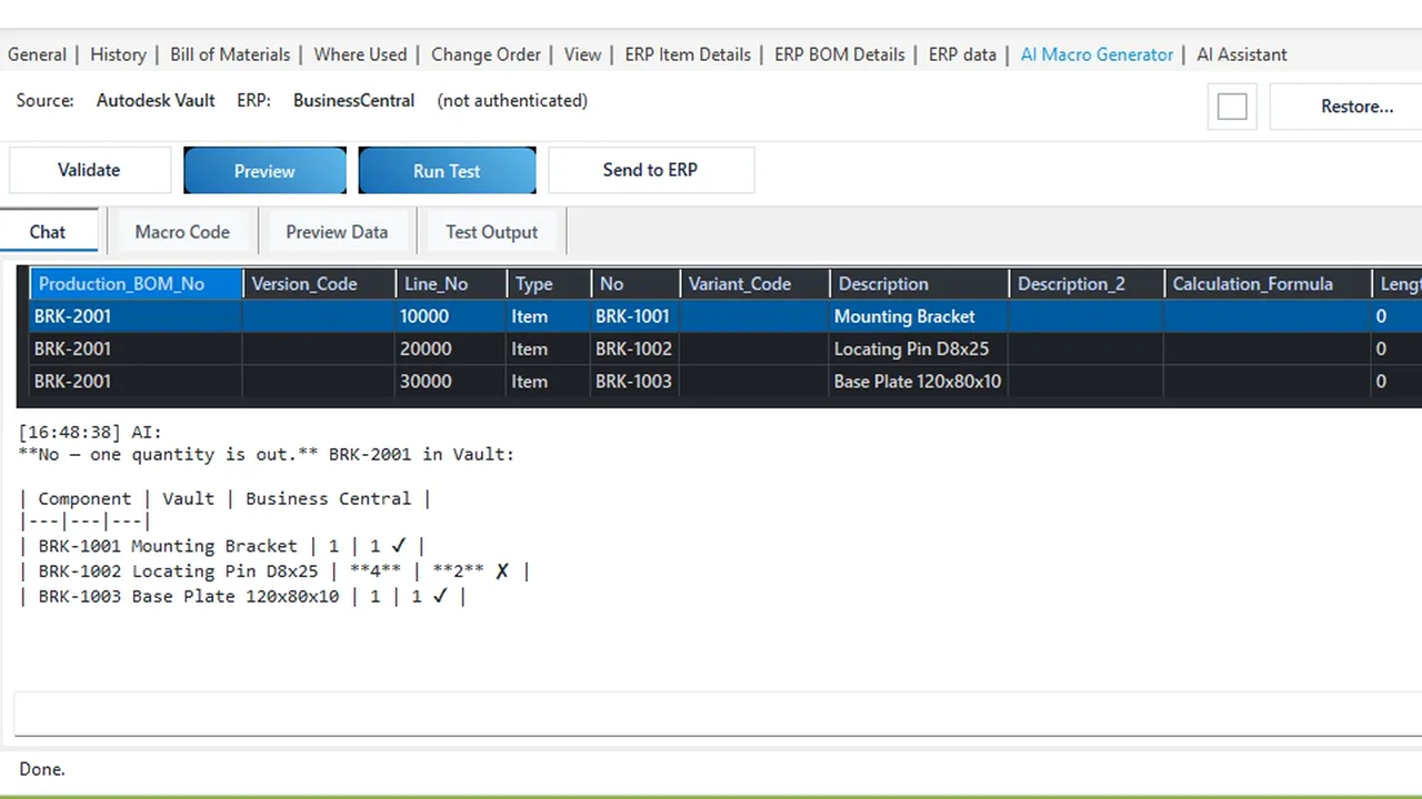 AI chat in Vault answering whether BOM quantities match Business Central, with the production BOM rows it read and a Vault versus Business Central table