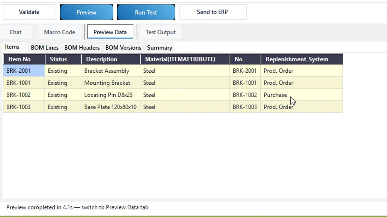 AI Macro Generator preview in Vault: Replenishment System set to Purchase for the locating pin and Prod. Order for the other items, before anything is sent