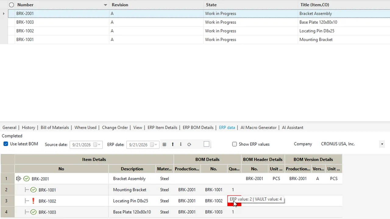 ERP data tab in Autodesk Vault comparing the Vault BOM with Business Central: green checks on matching lines, the locating pin quantity red with ERP value 2 and Vault value 4