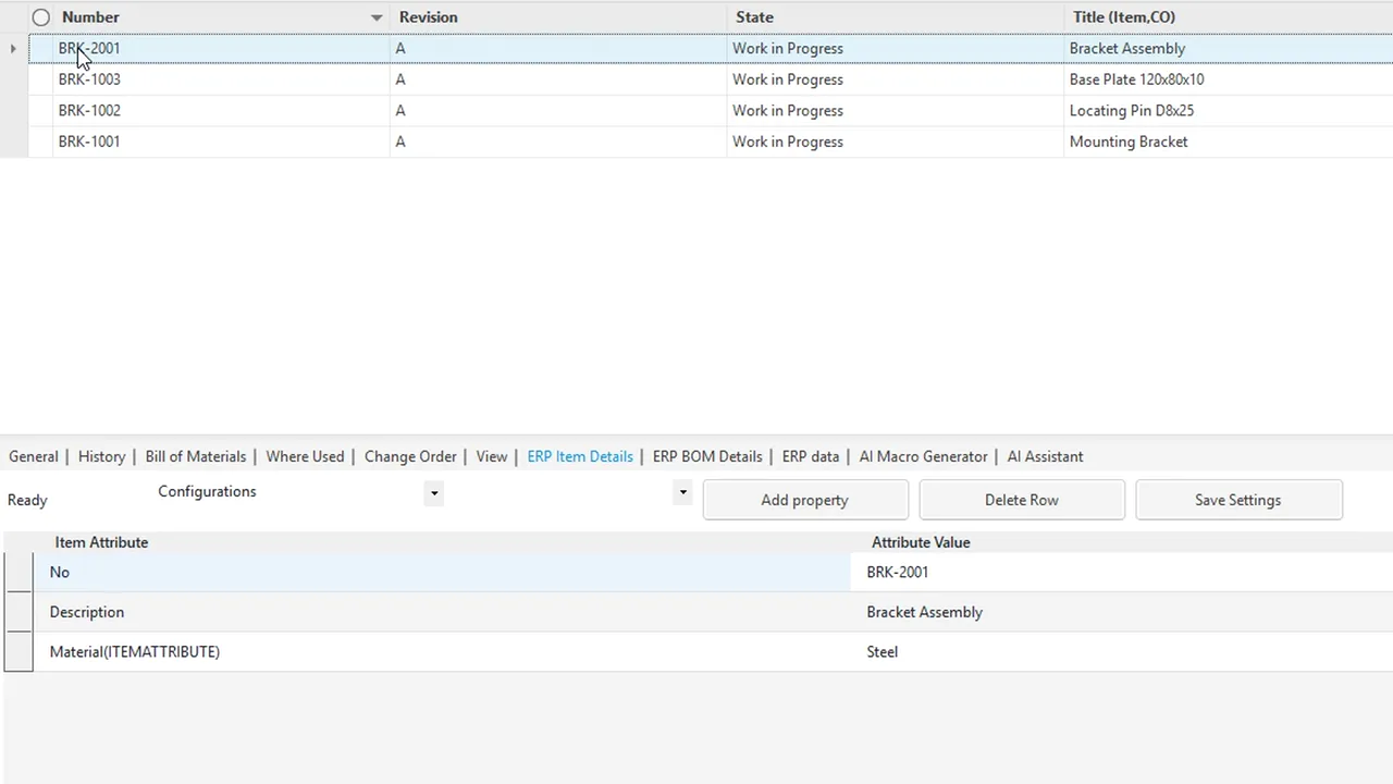 ERP Item Details tab in Autodesk Vault showing Business Central item BRK-2001 with its description and material
