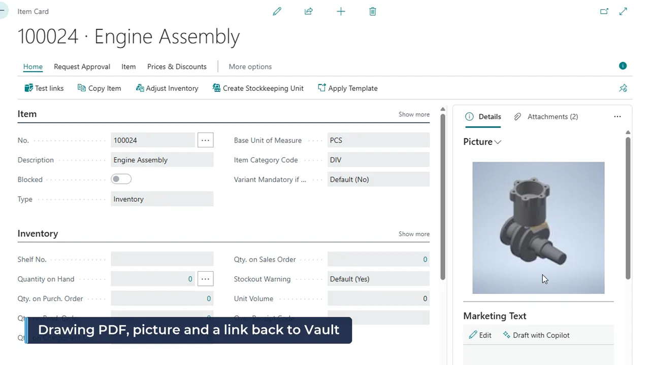 Business Central item card for 100024 Engine Assembly with the Vault thumbnail as the item picture