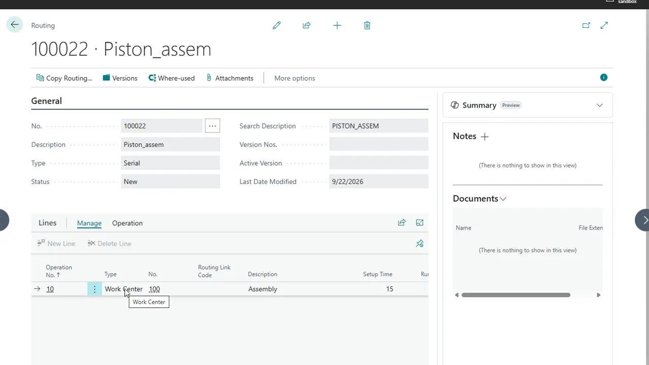 Business Central routing 100022 created from Vault with operation 10 on work center 100 and a setup time of 15