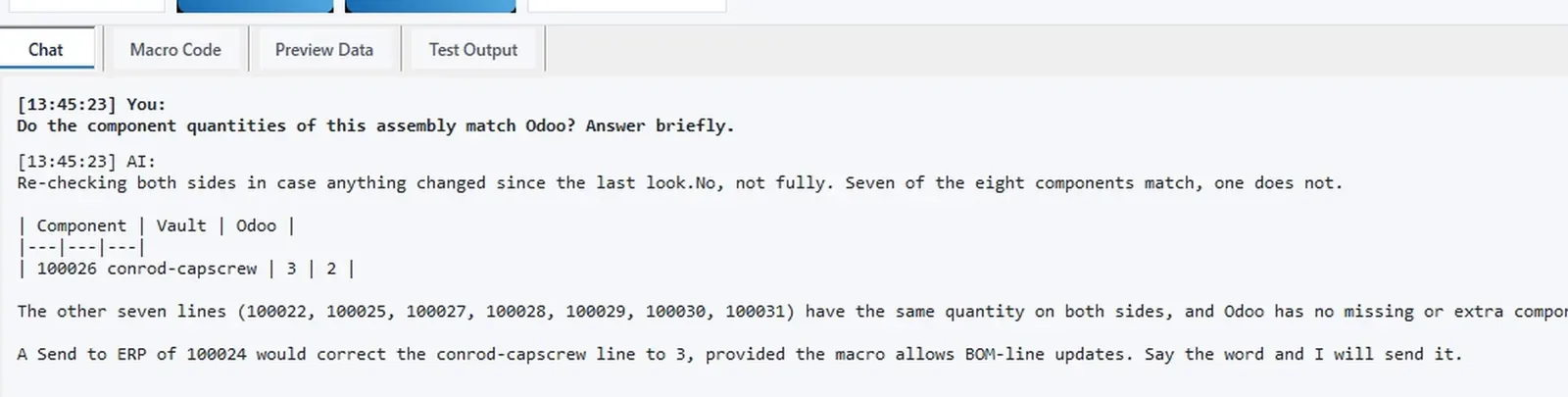 AI chat in Vault: seven of the eight components match Odoo, the cap screw is 3 in Vault and 2 in Odoo