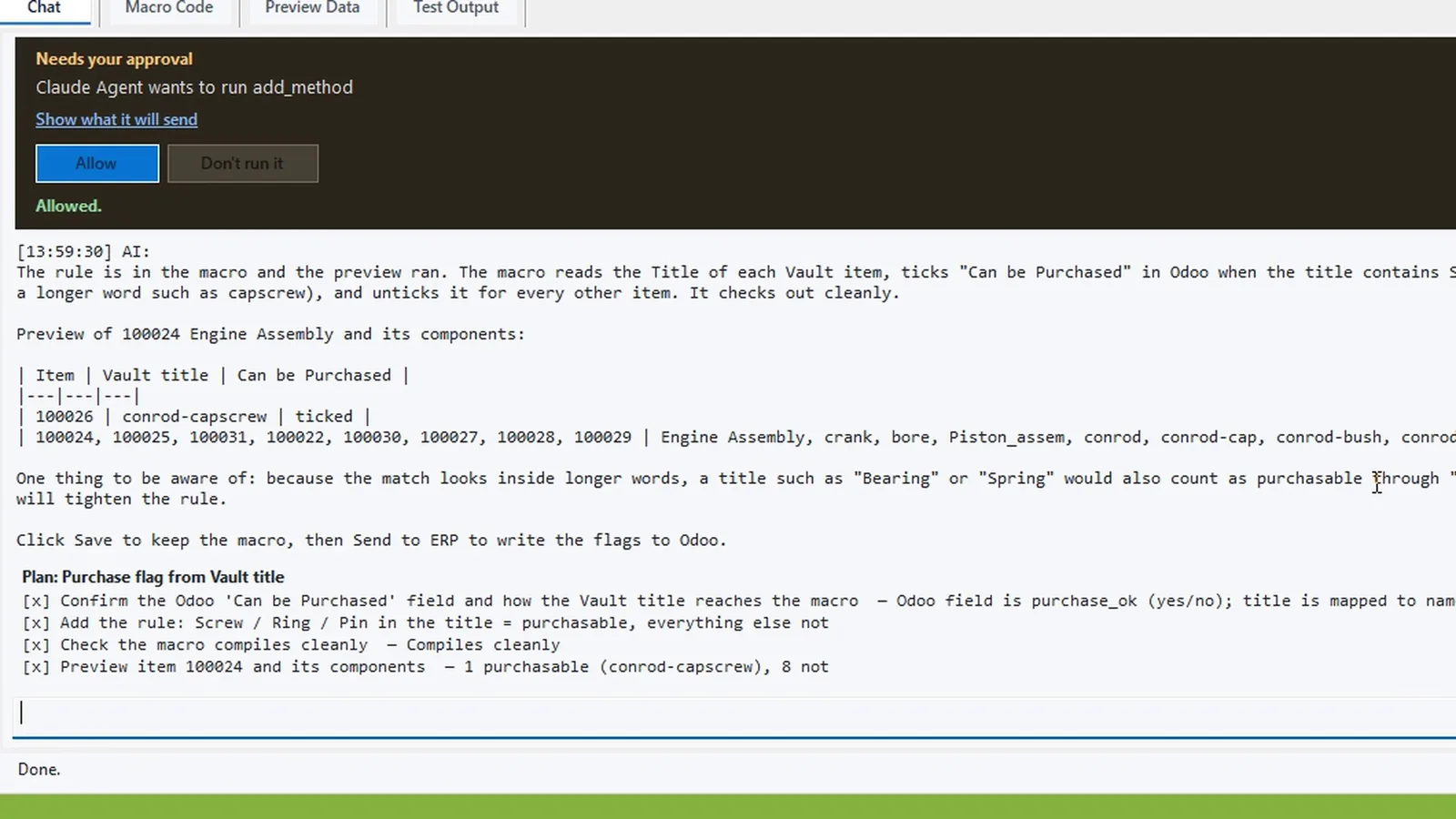 AI Macro Generator in Vault after approval: the rule ticks Can be Purchased for the cap screw only, compiles, nothing sent