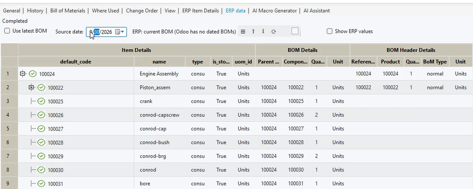 ERP Data tab with a source date and the note that Odoo has no dated BOMs, every line green