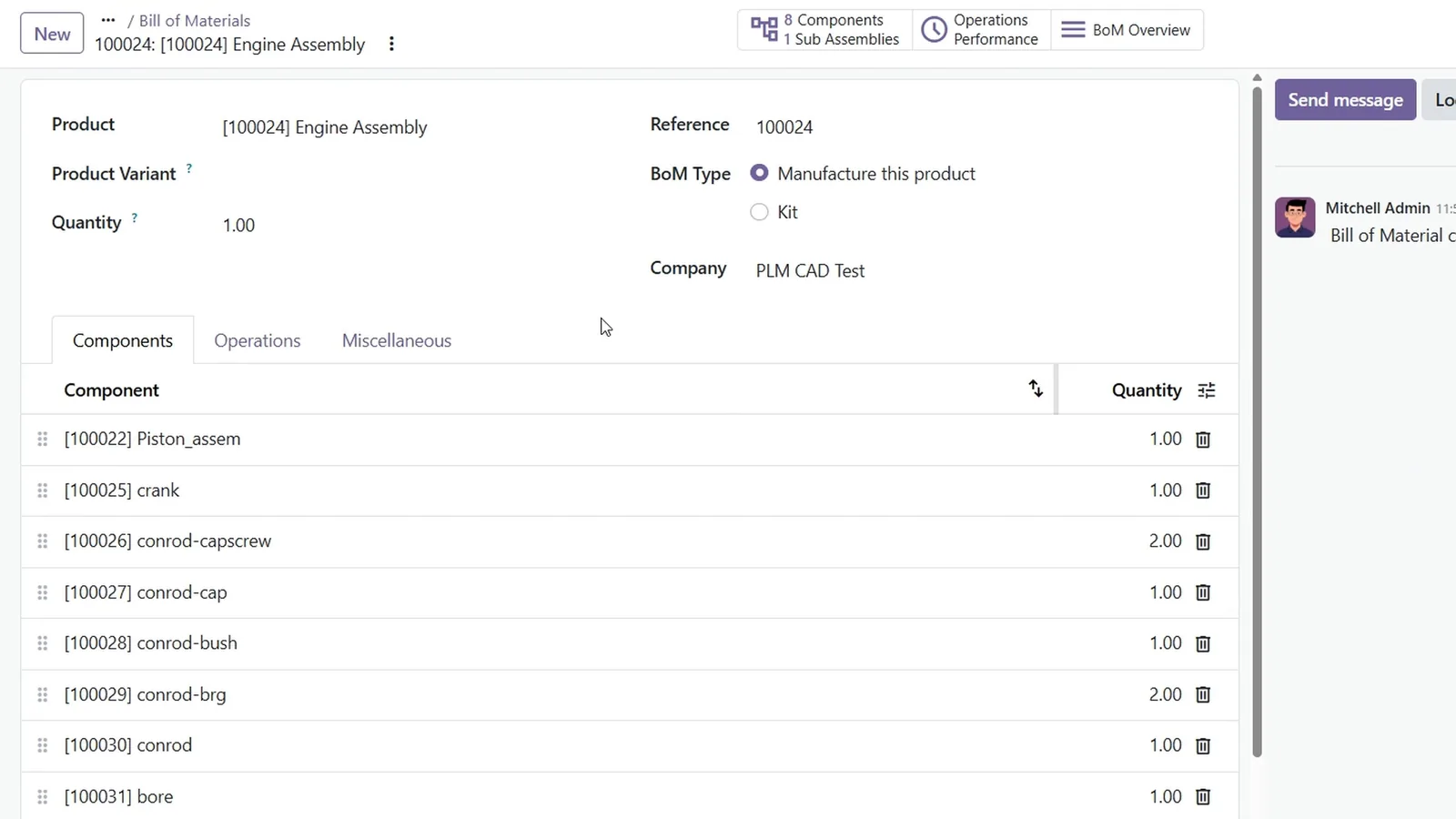 Odoo bill of materials for 100024 Engine Assembly, Manufacture this product, with eight components and their quantities