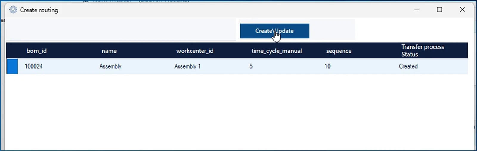 Create routing dialog in Vault: operation Assembly for 100024 on work center Assembly 1, time 5, sequence 10, status Created